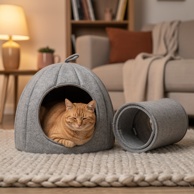 Ginger cat sleeping inside a felt cat cave next to a felt tunnel