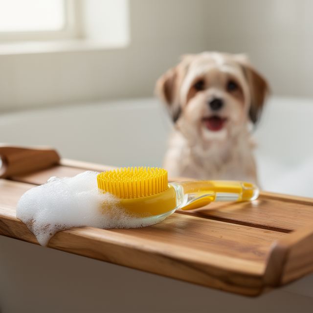 Lather brush resting on a bath tray with suds, dog in the background