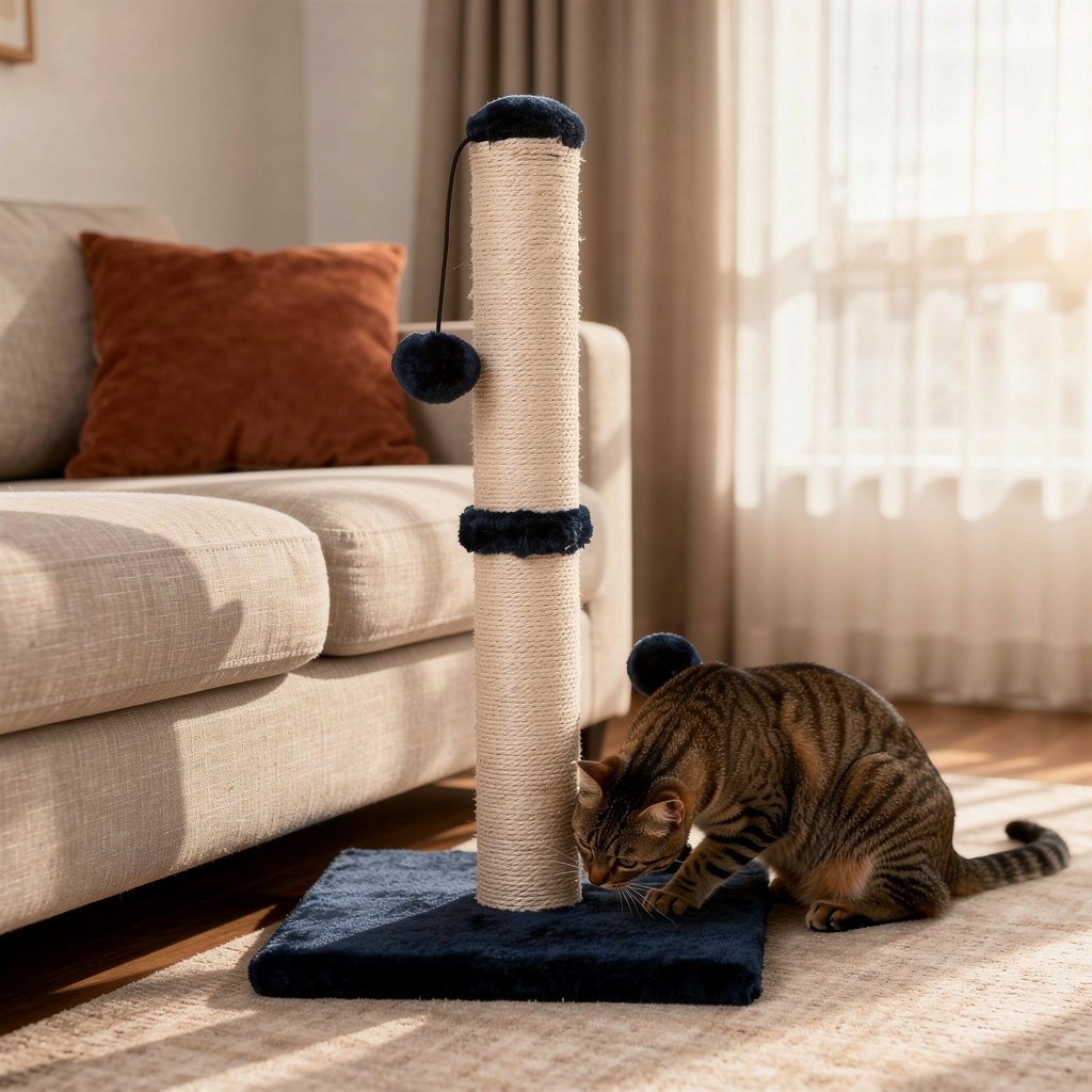 Sisal scratching post beside the sofa with a tabby cat at its base