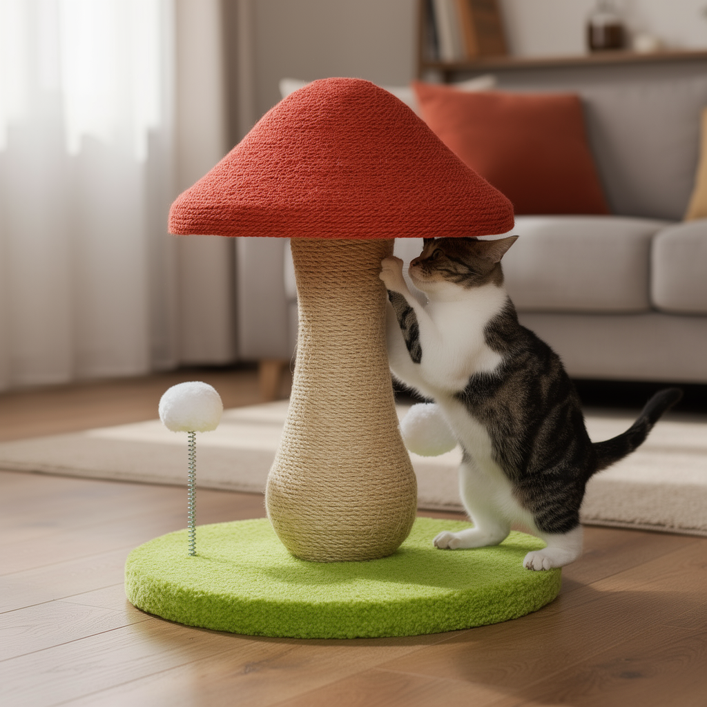 Cat scratching the mushroom sisal post in a bright living room