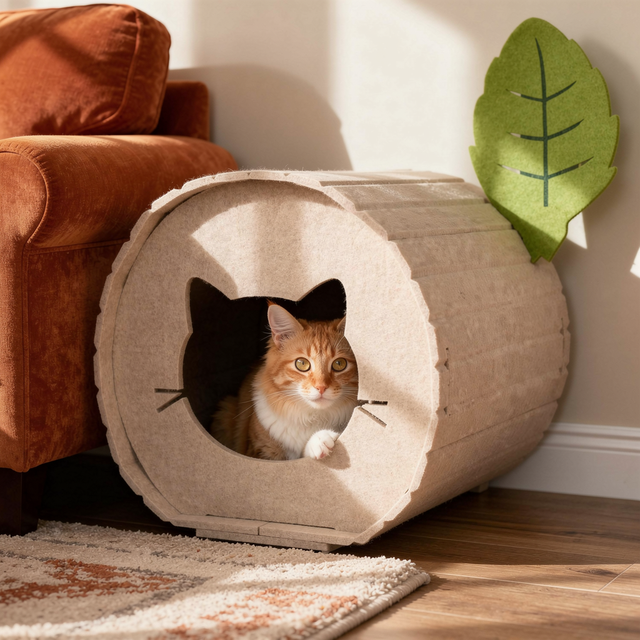 Cat peeking out of the felt tree-hole cave beside the sofa