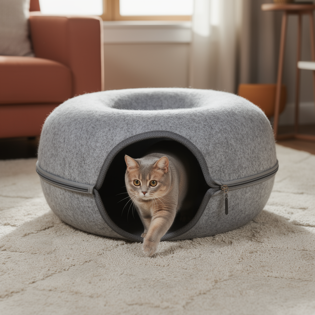 Cat stepping out of the felt donut tunnel on a soft rug