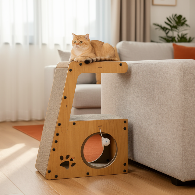 Cat relaxing on the lounge board next to the sofa