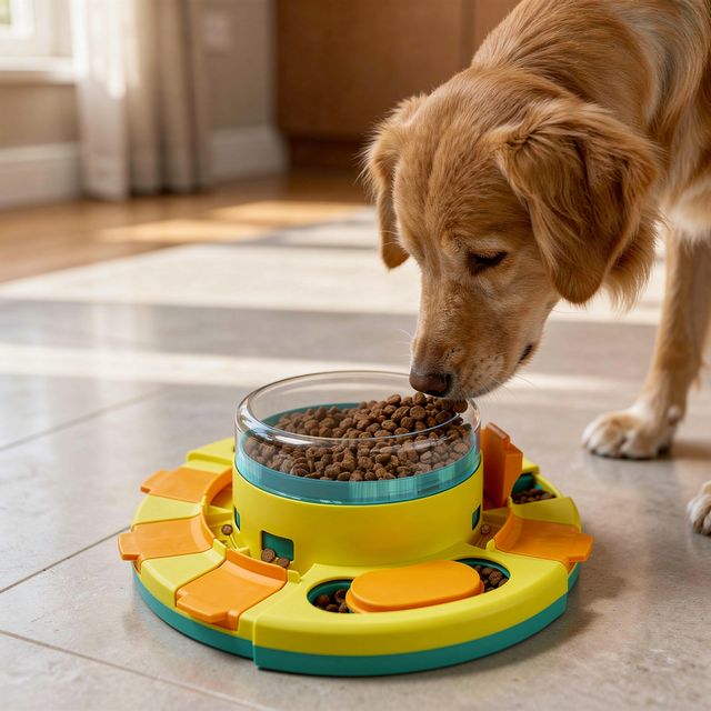 Dog solving the BrainBowl puzzle feeder at home