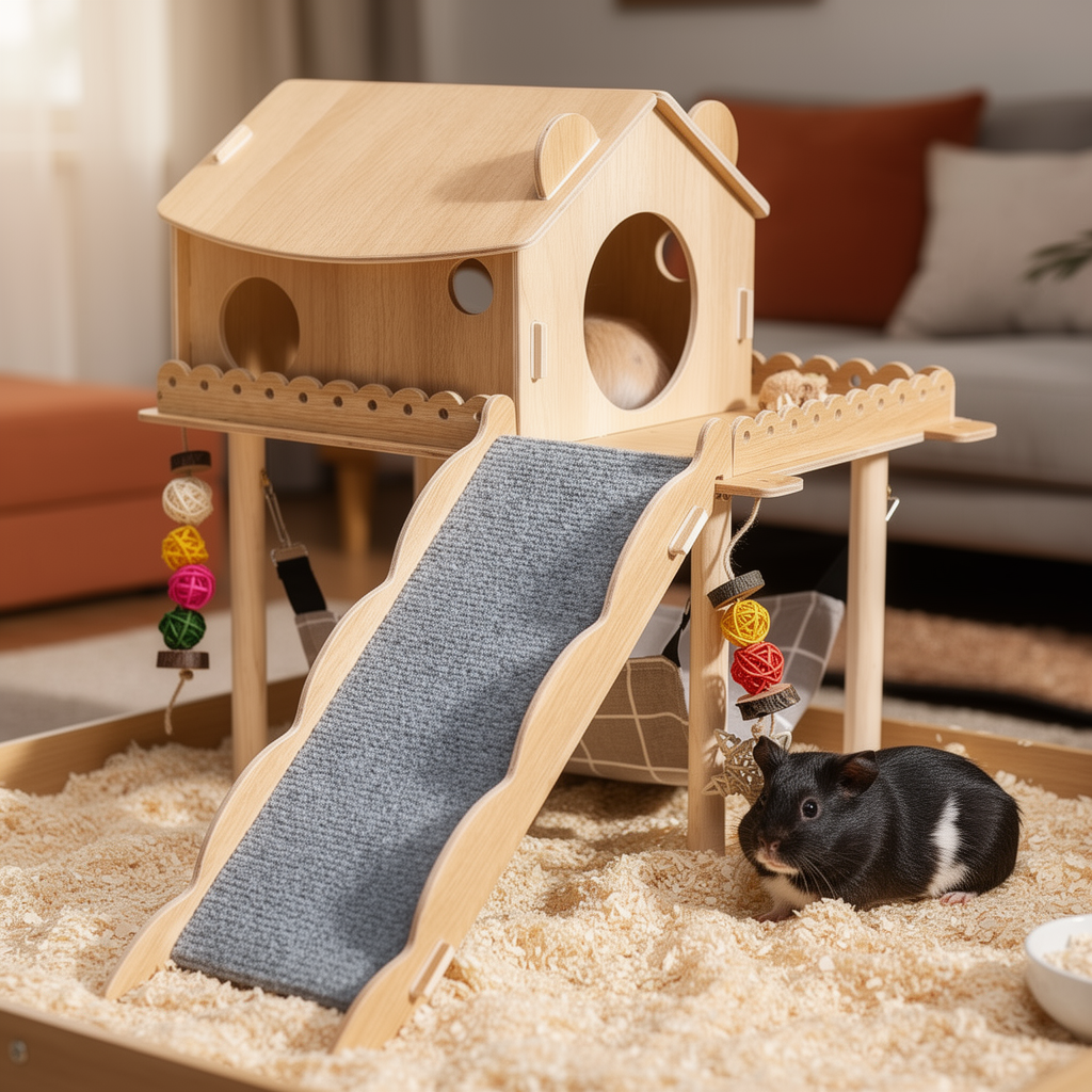Guinea pig beside the wooden hideout with ramp in its enclosure