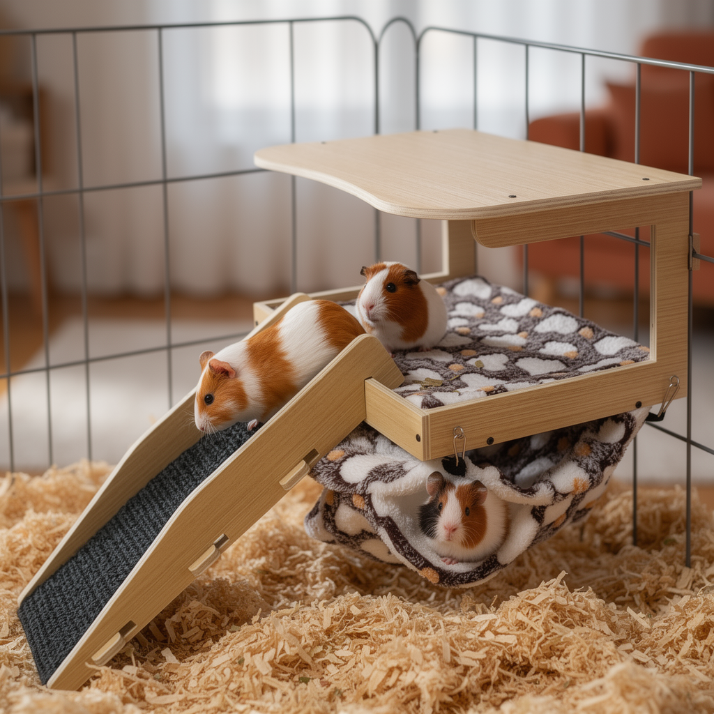Wooden platform bed with hammock installed in a small pet cage