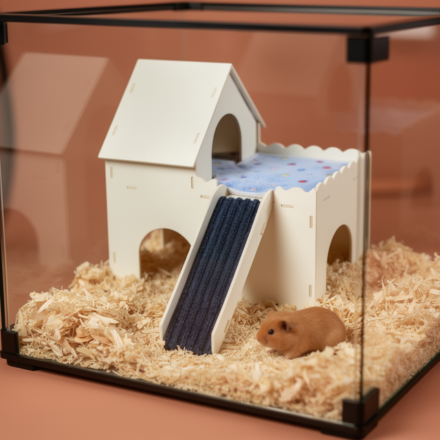 Wooden castle hideout with ramp inside a hamster enclosure
