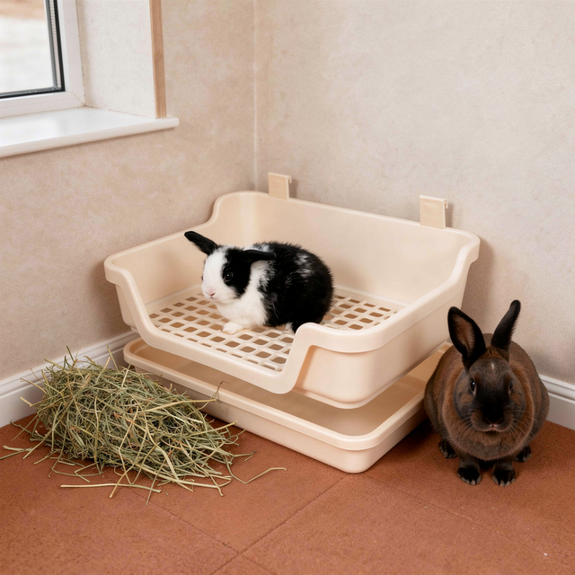 Corner litter box in a rabbit enclosure with fresh hay