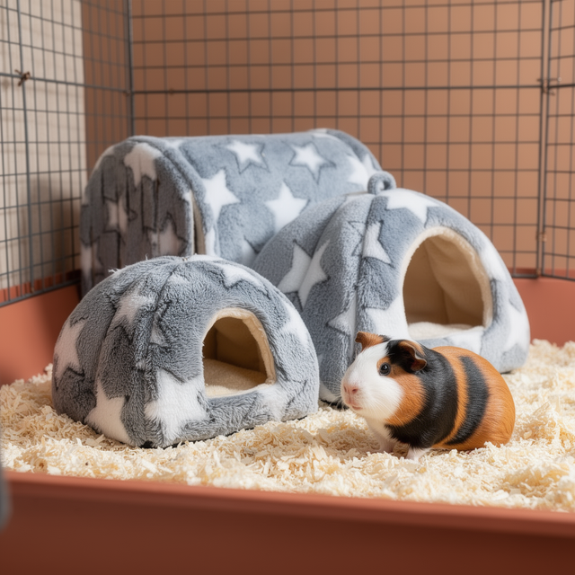 Fleece hideout and tunnel set inside a guinea pig enclosure