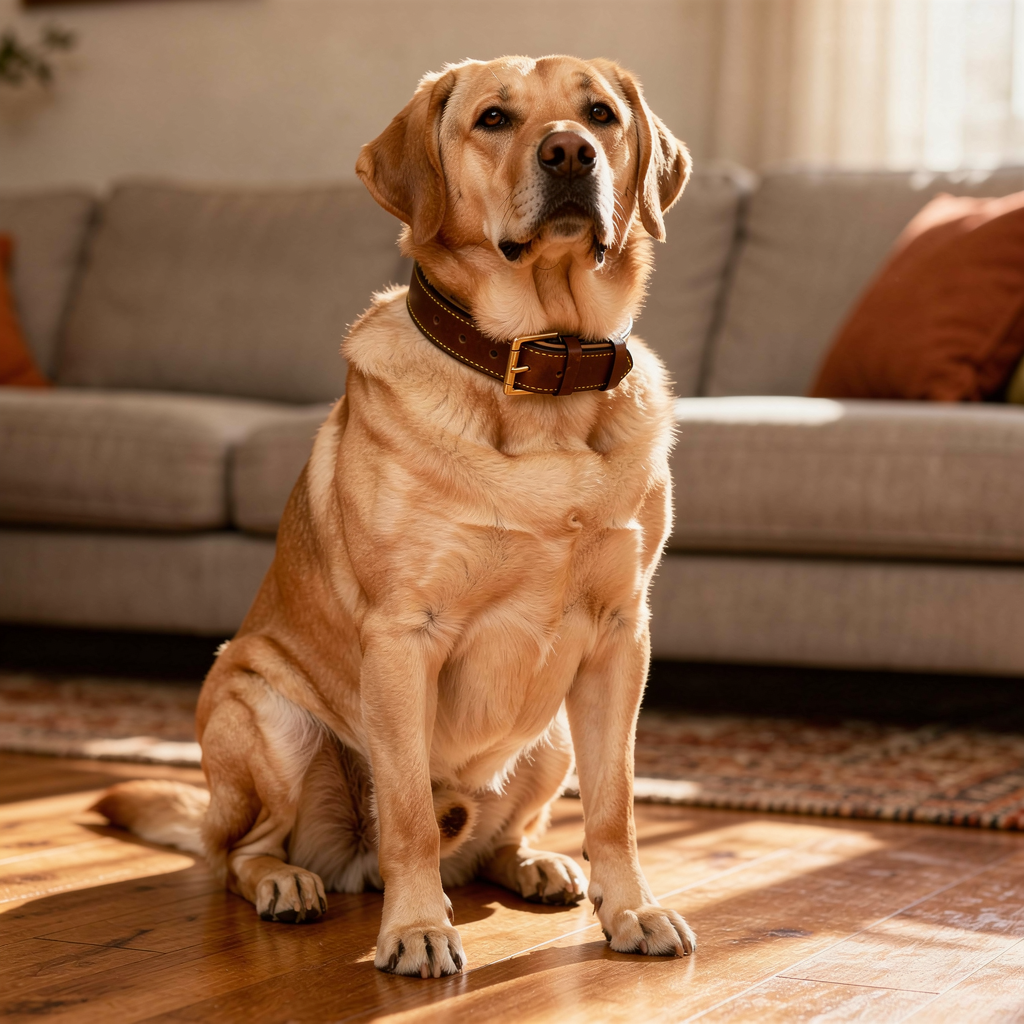 Dog wearing the padded leather collar at home