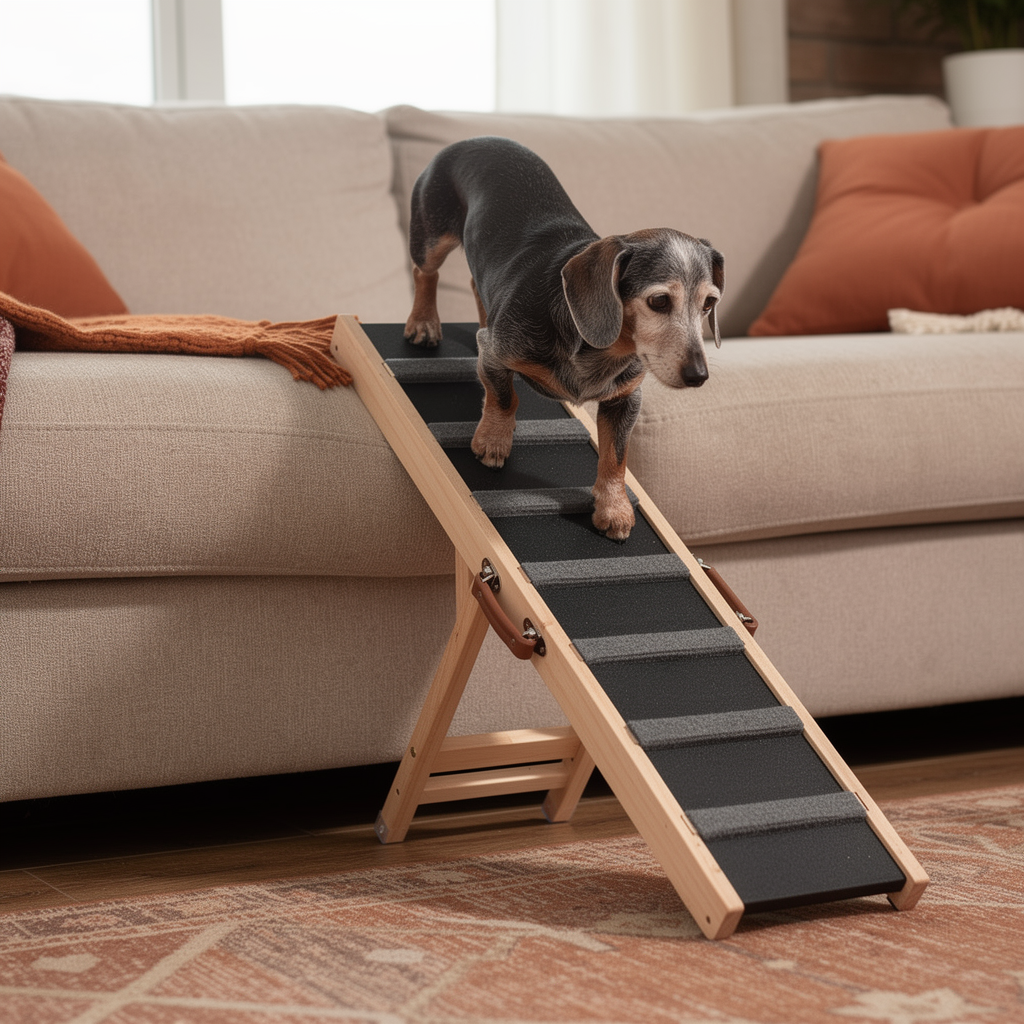 Dog walking up folding wooden ramp