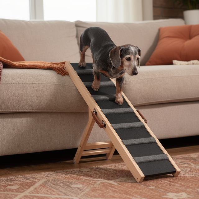 Dog walking up folding wooden ramp