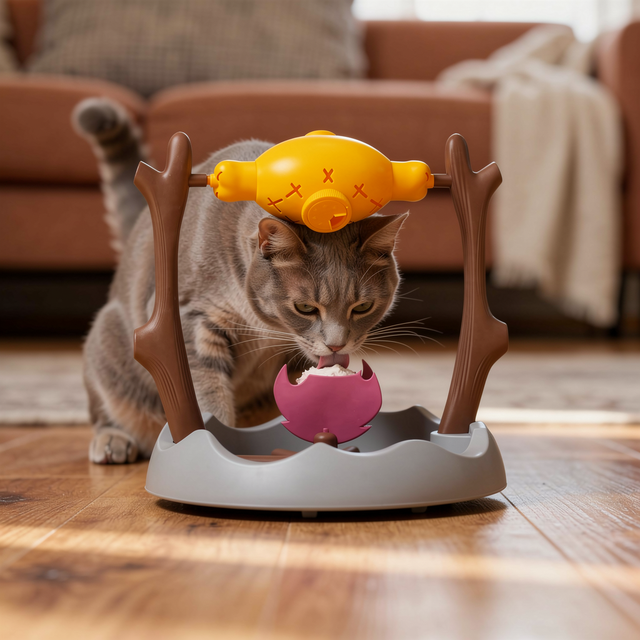 Cat enjoying the drumstick feeder toy
