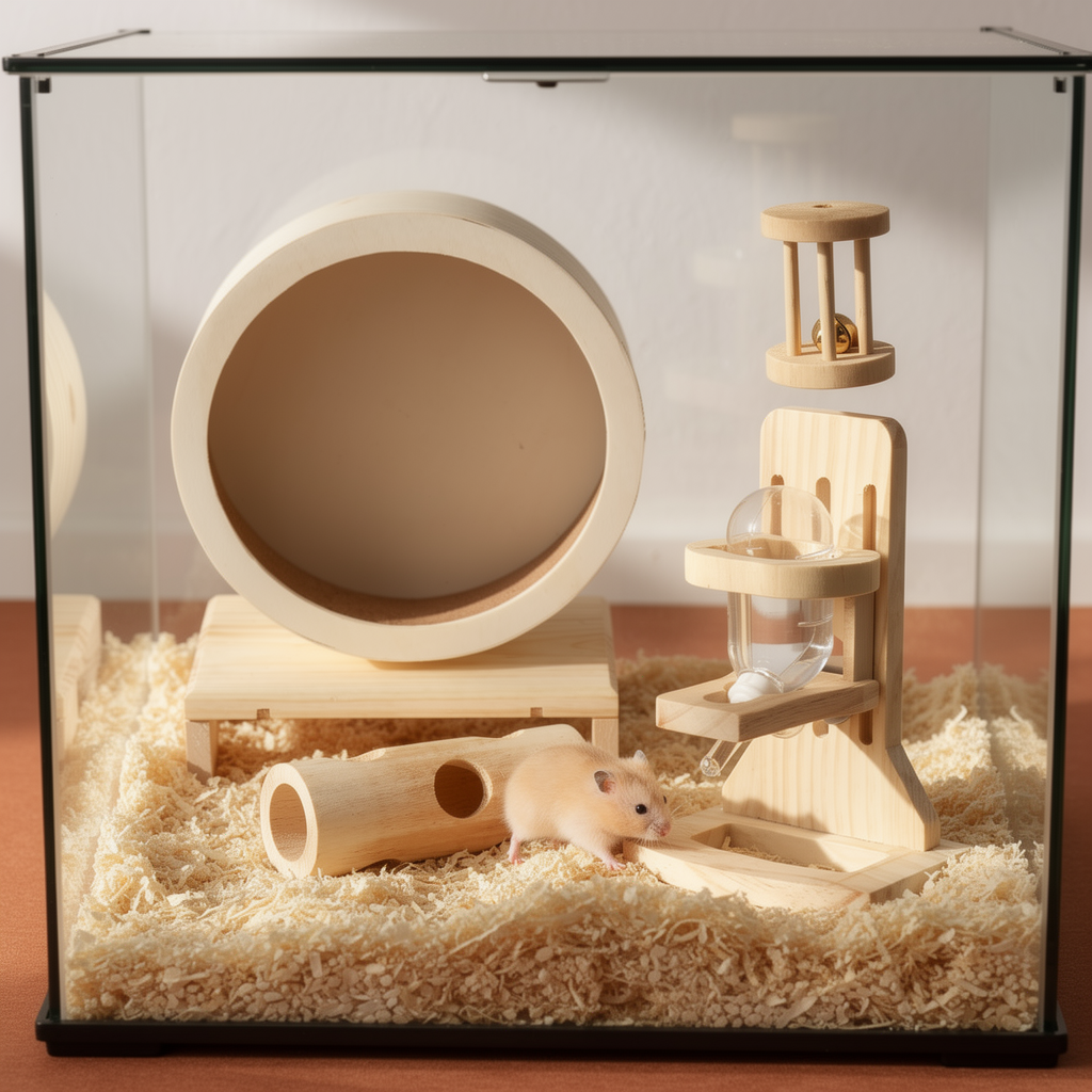Wooden hamster wheel and feeder set in a cozy habitat