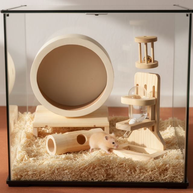 Wooden hamster wheel and feeder set in a cozy habitat