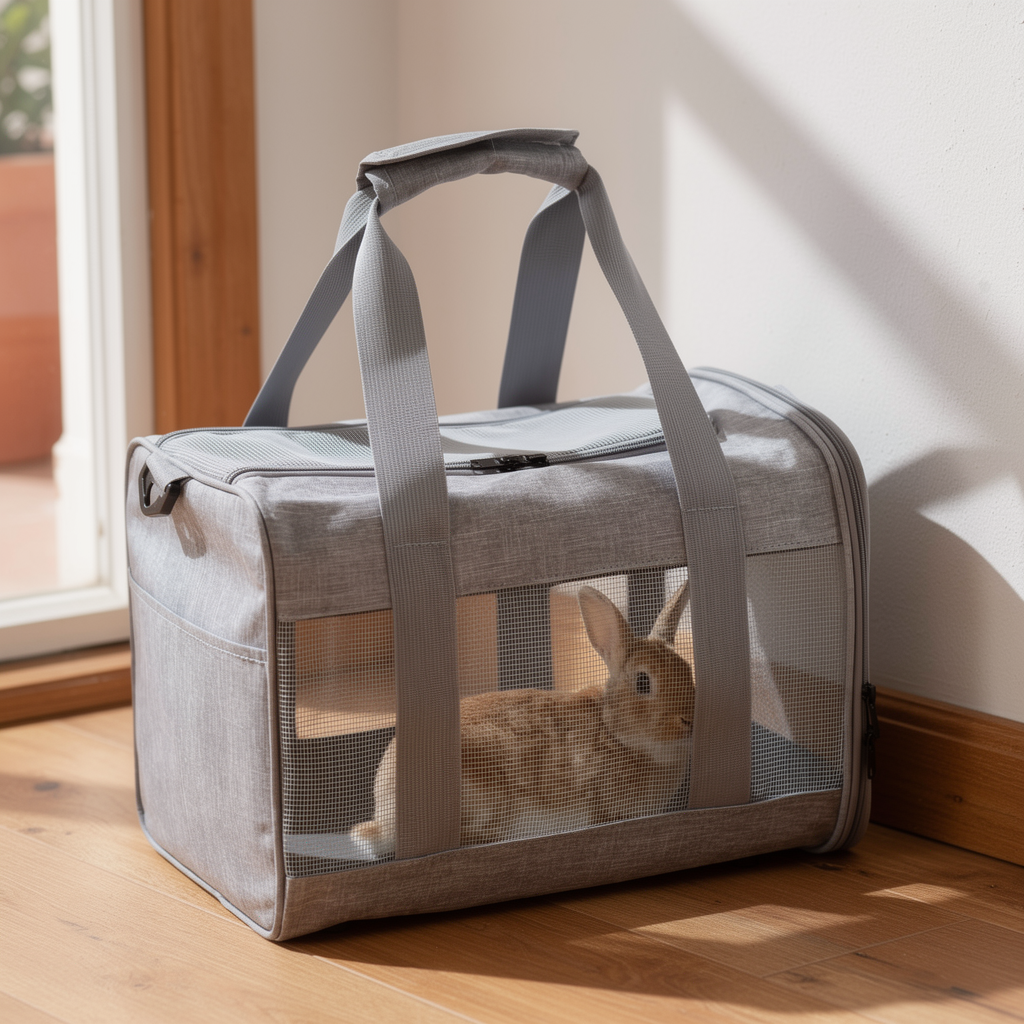 Breathable pet travel carrier in a bright home entryway