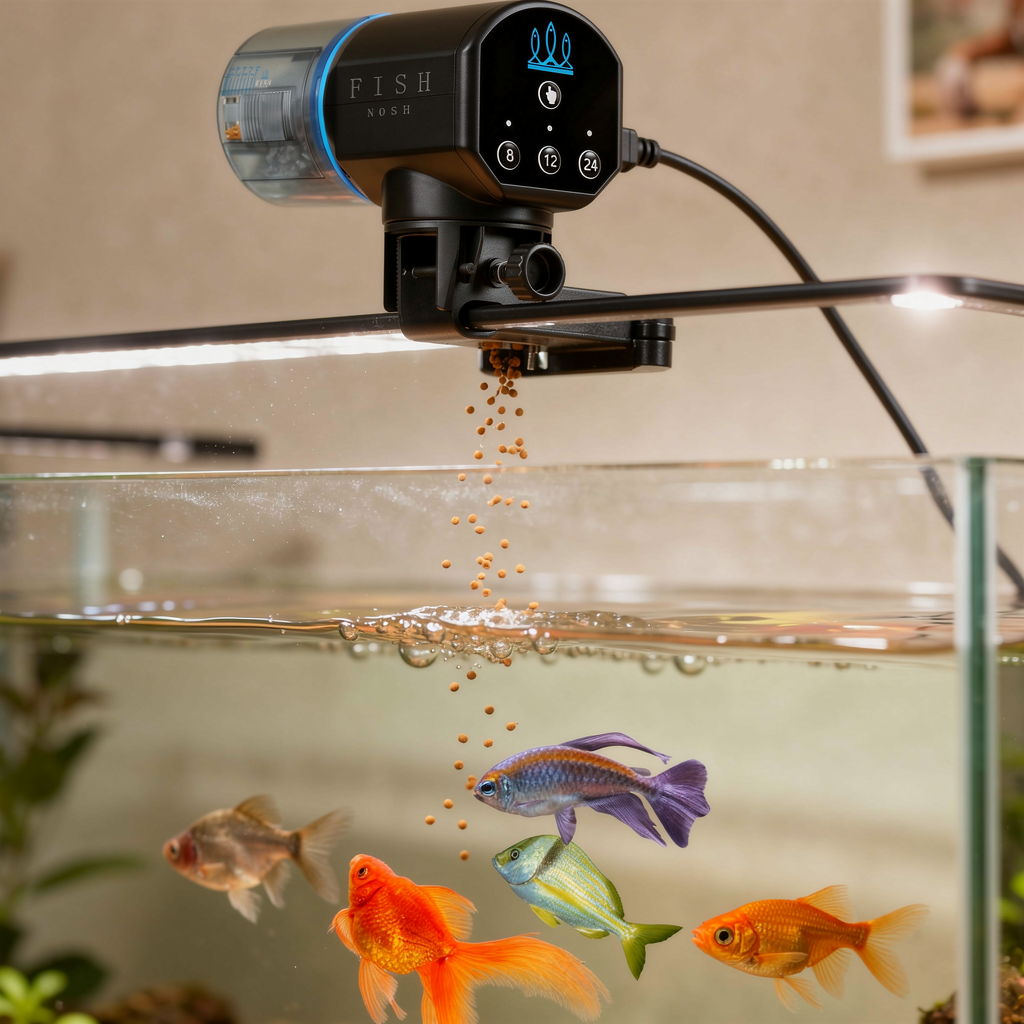 Food dispenser mounted on the aquarium rim