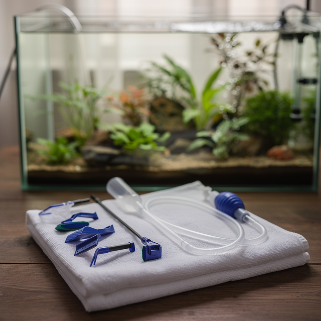 Gravel siphon cleaning kit beside the aquarium