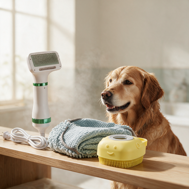 Bath Day Starter Kit for dogs - QuietDry Blower, DryPaw Wrap and SudsGrip Bath Brush