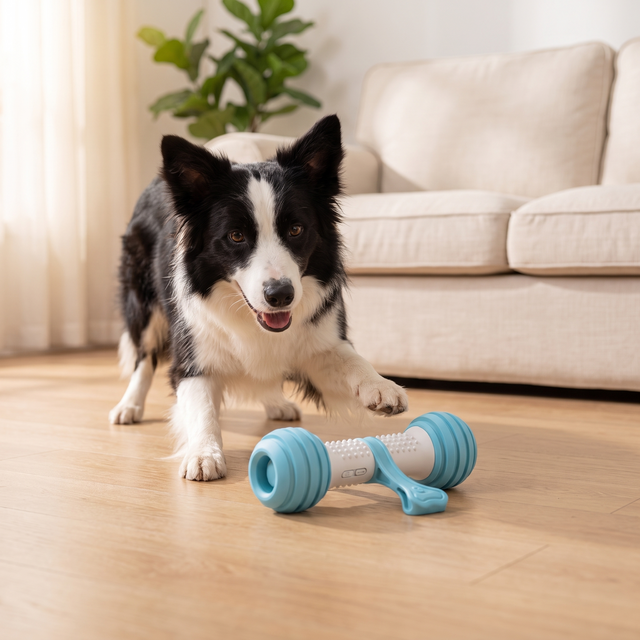 Border collie playing with the PawPulse self-moving bone toy on a wooden floor