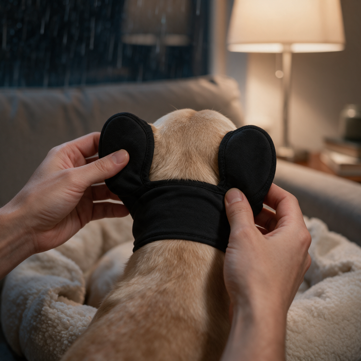 Hands slipping the PawQuiet ear band over a dog's ears