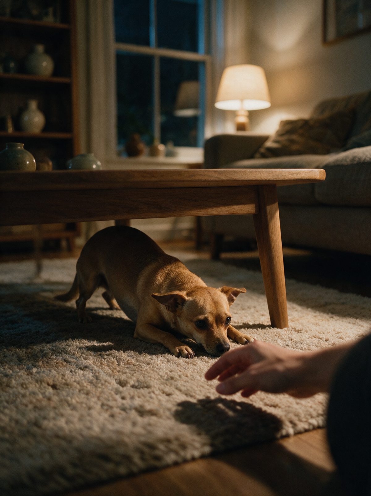 Dog hiding under a coffee table while an owner reaches out a hand