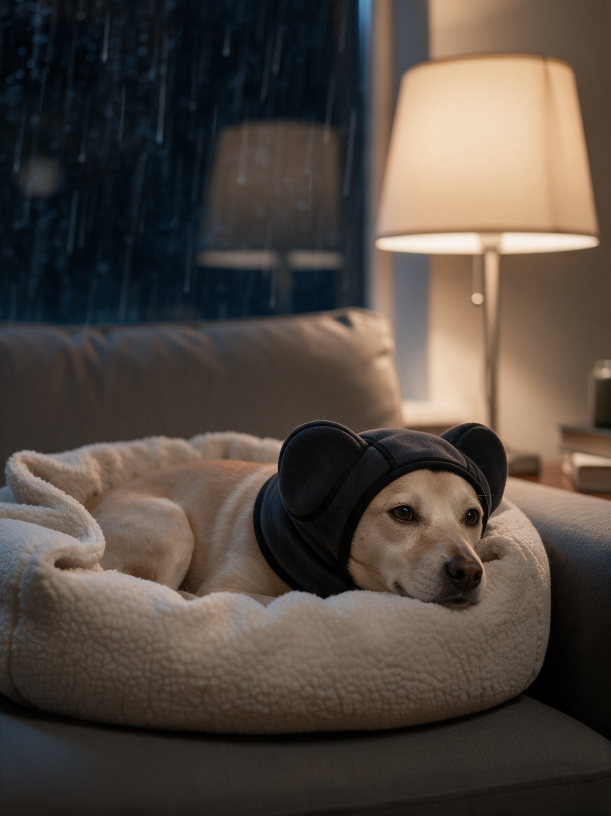 Dog resting in its bed wearing the PawQuiet ear band