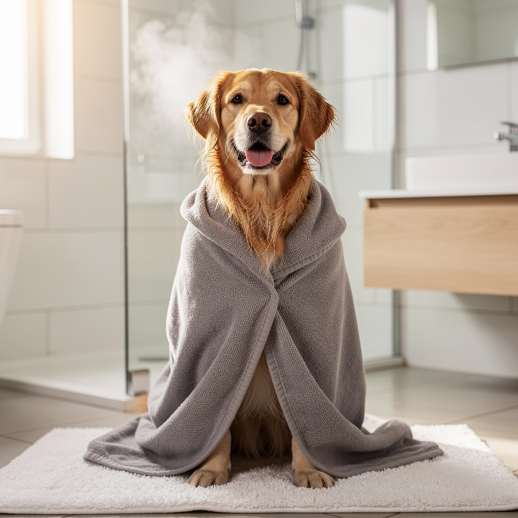 Golden retriever wrapped in a drying towel after a bath